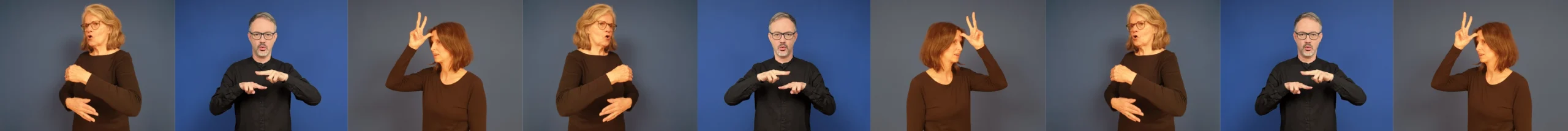 Bilderreihe von nebeneinander aneinandergereihte gebärdende Personen. Markus, Karin und Franziska.